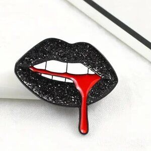 Pin Lips Bleeding Mouth Teeth Brooch Emo Rave Scene Edgy Sparkle Glitter Biting